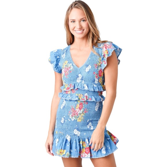 LoveShackFancy Fancy Blue Sonora Floral Smocked Mini Dress Size S
